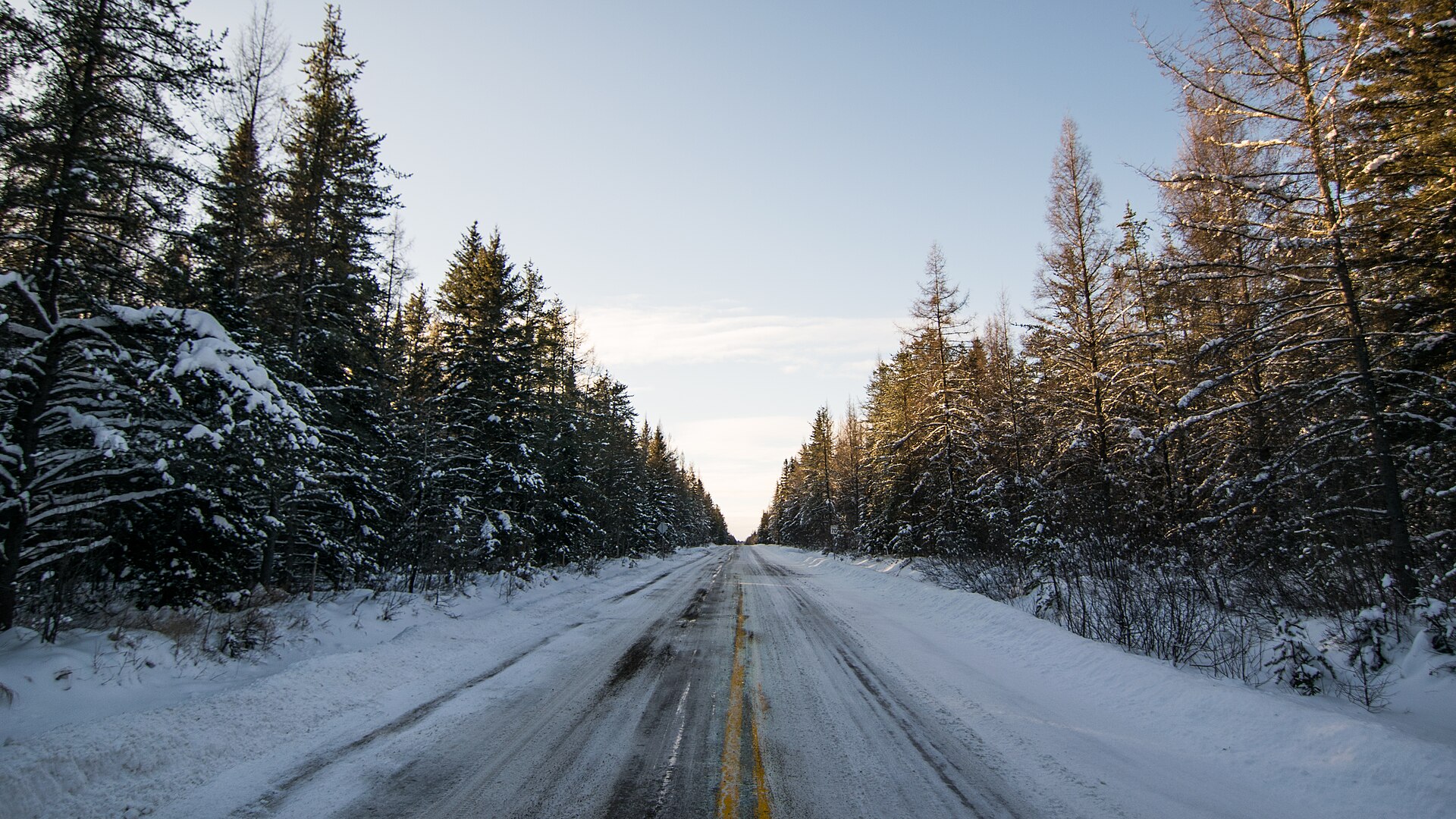 Snow-covered Rang Saint-Louis road in Quebec
