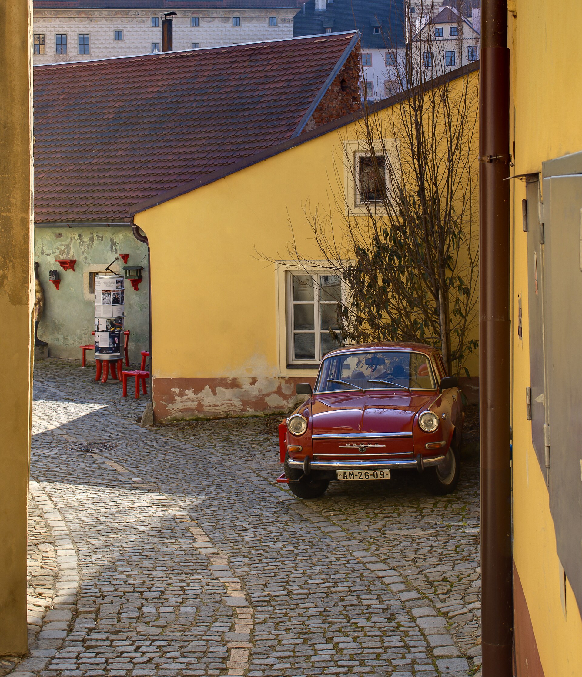 Narrow cobbled street in Český Krumlov, Czech Republic