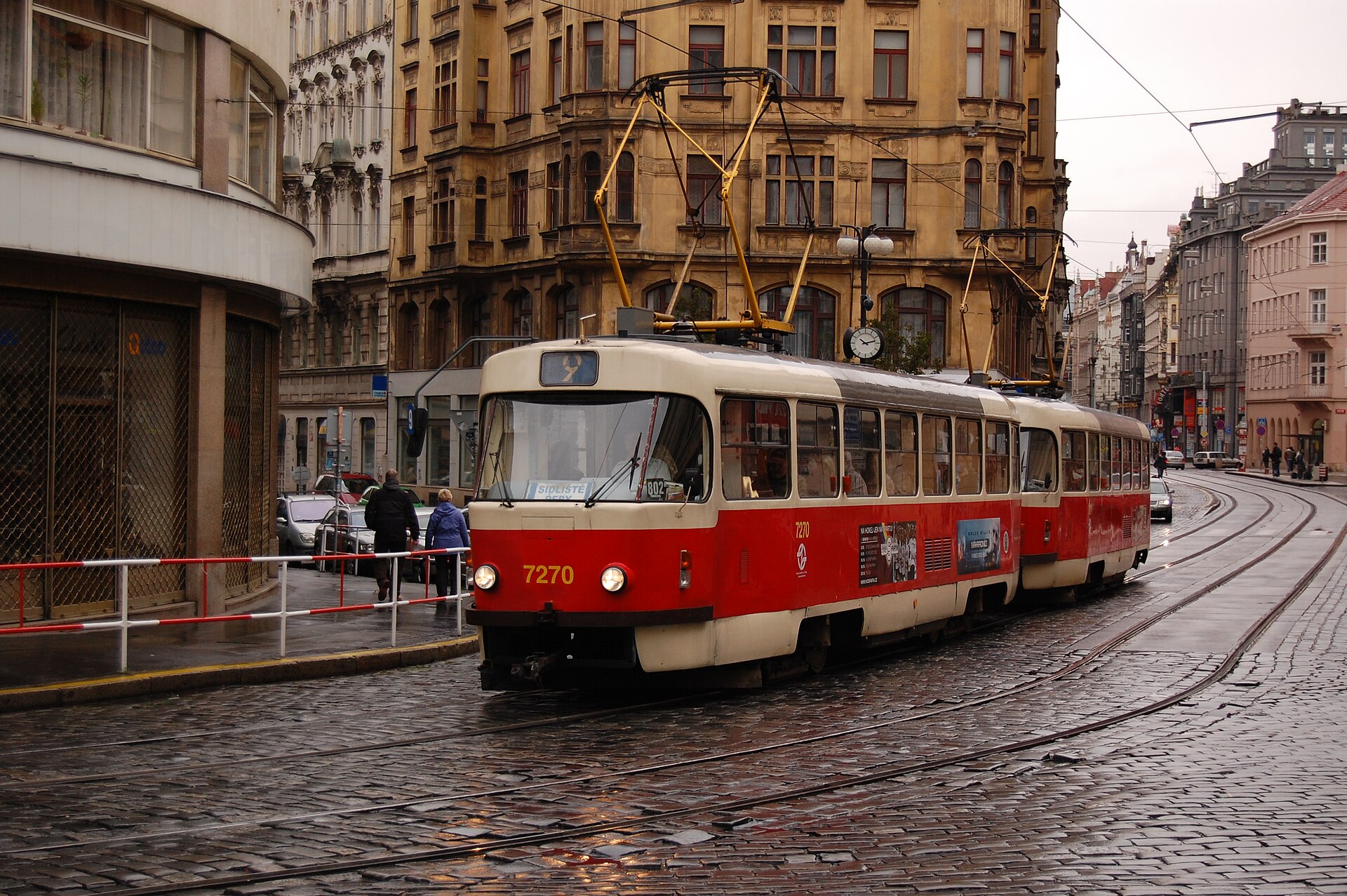 Prague tram on a cobbled city street in the Czech Republic