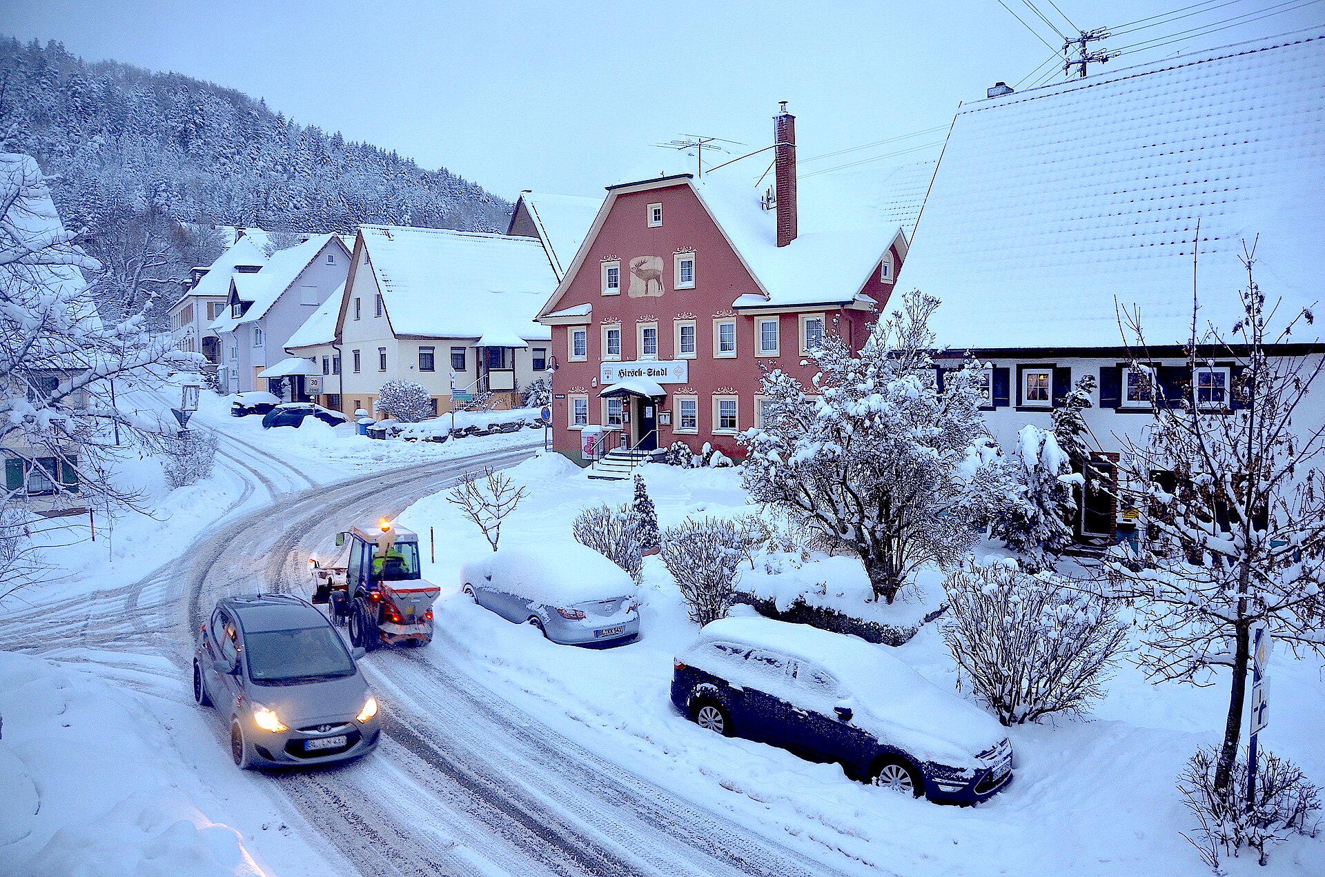 Snow-covered village road in Tieringen, Baden-Württemberg
