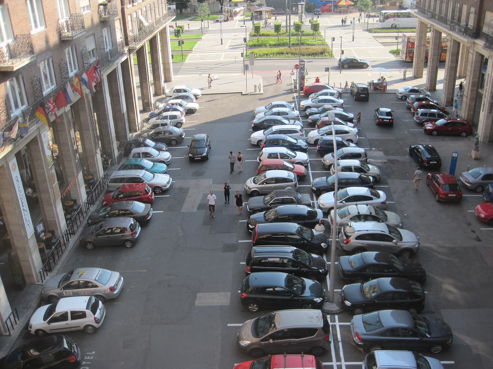 Cars parked in a busy Budapest parking lot