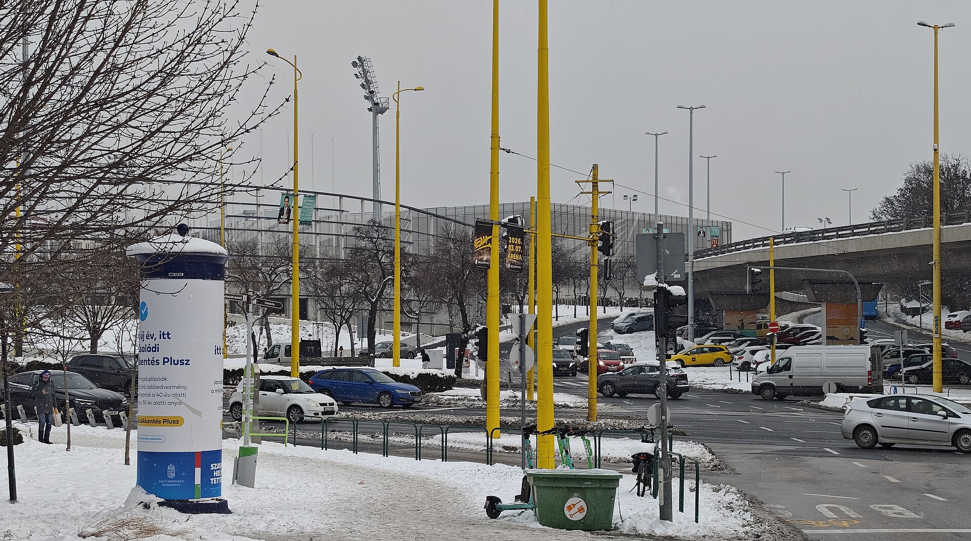 Snow-covered BAH Junction in Budapest