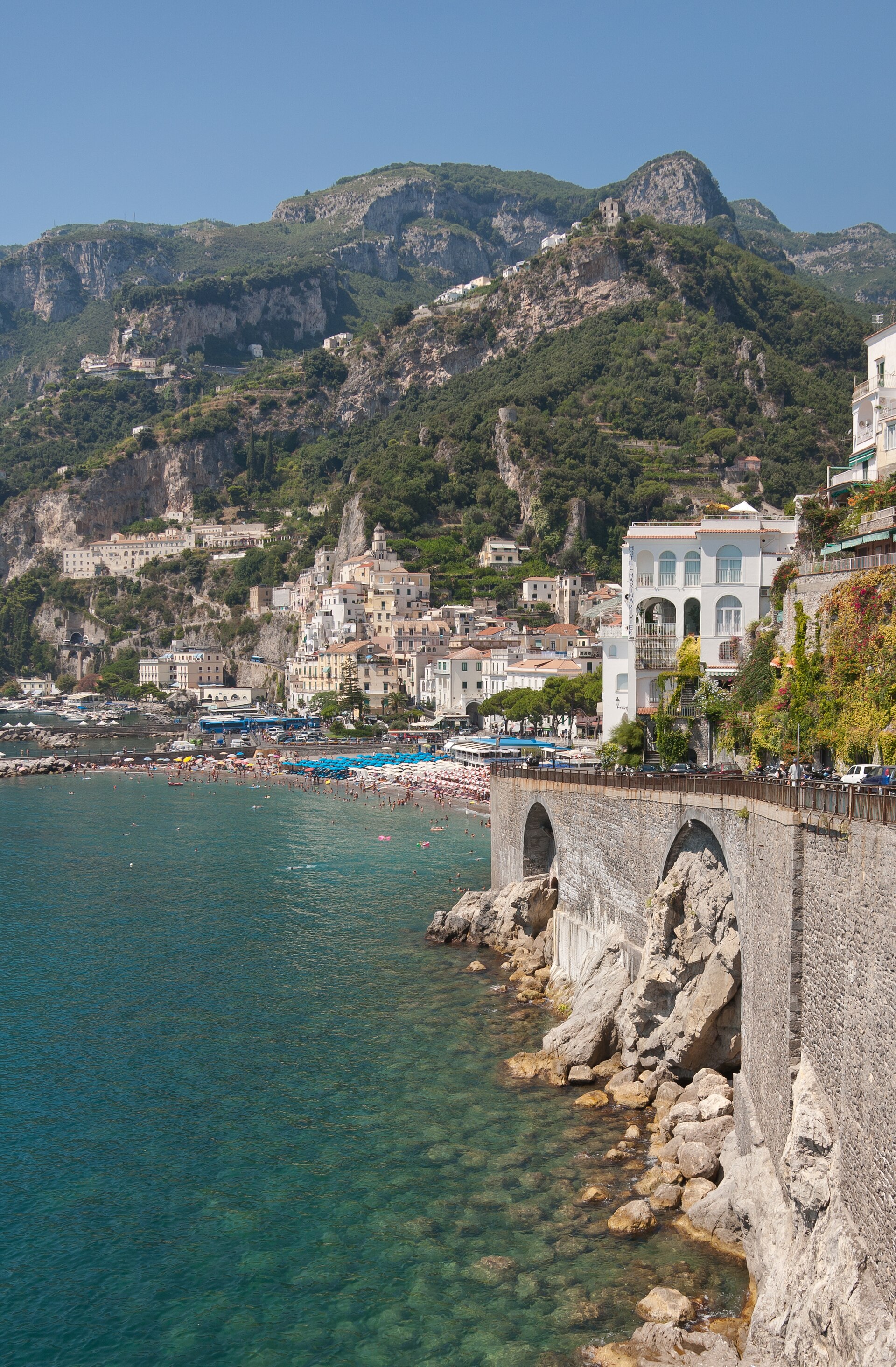 Amalfi Coast settlement and cliff road above the Tyrrhenian Sea in southern Italy