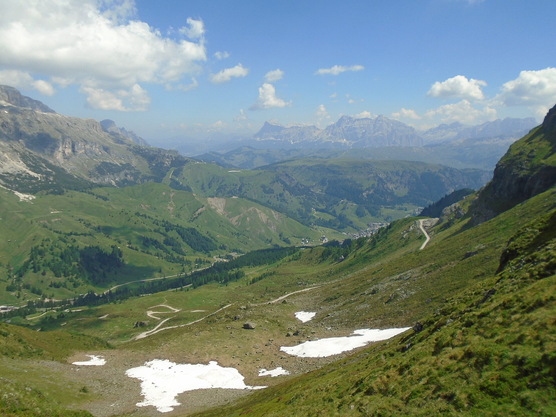SS48 Great Dolomites Road winding through the mountain landscape near Passo Pordoi
