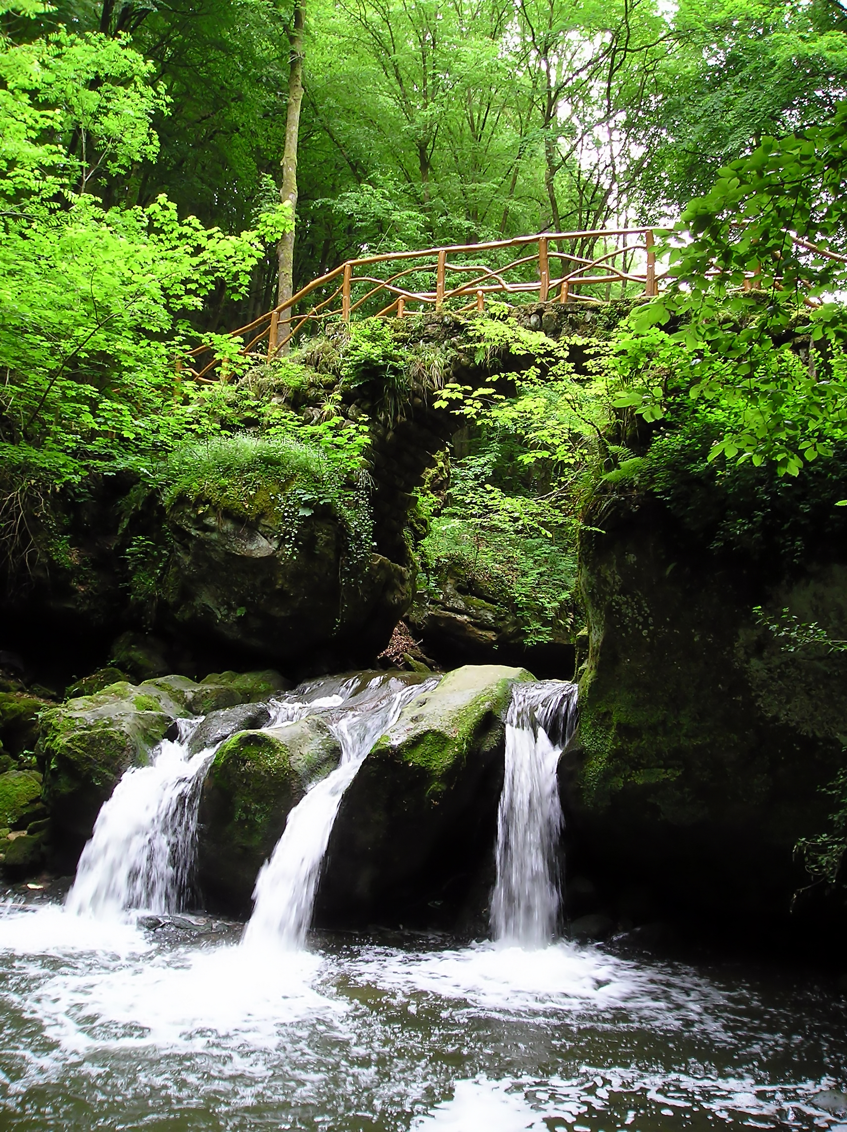 Schiessentumpel waterfall and a small stone bridge in the wooded Mullerthal region