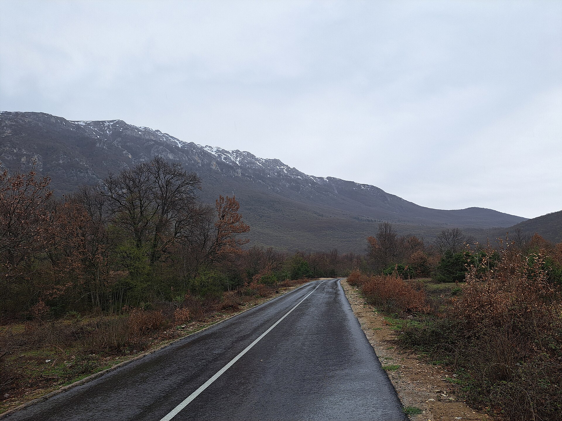 P501 road south of Trpejca beside Lake Ohrid with Galicica National Park behind