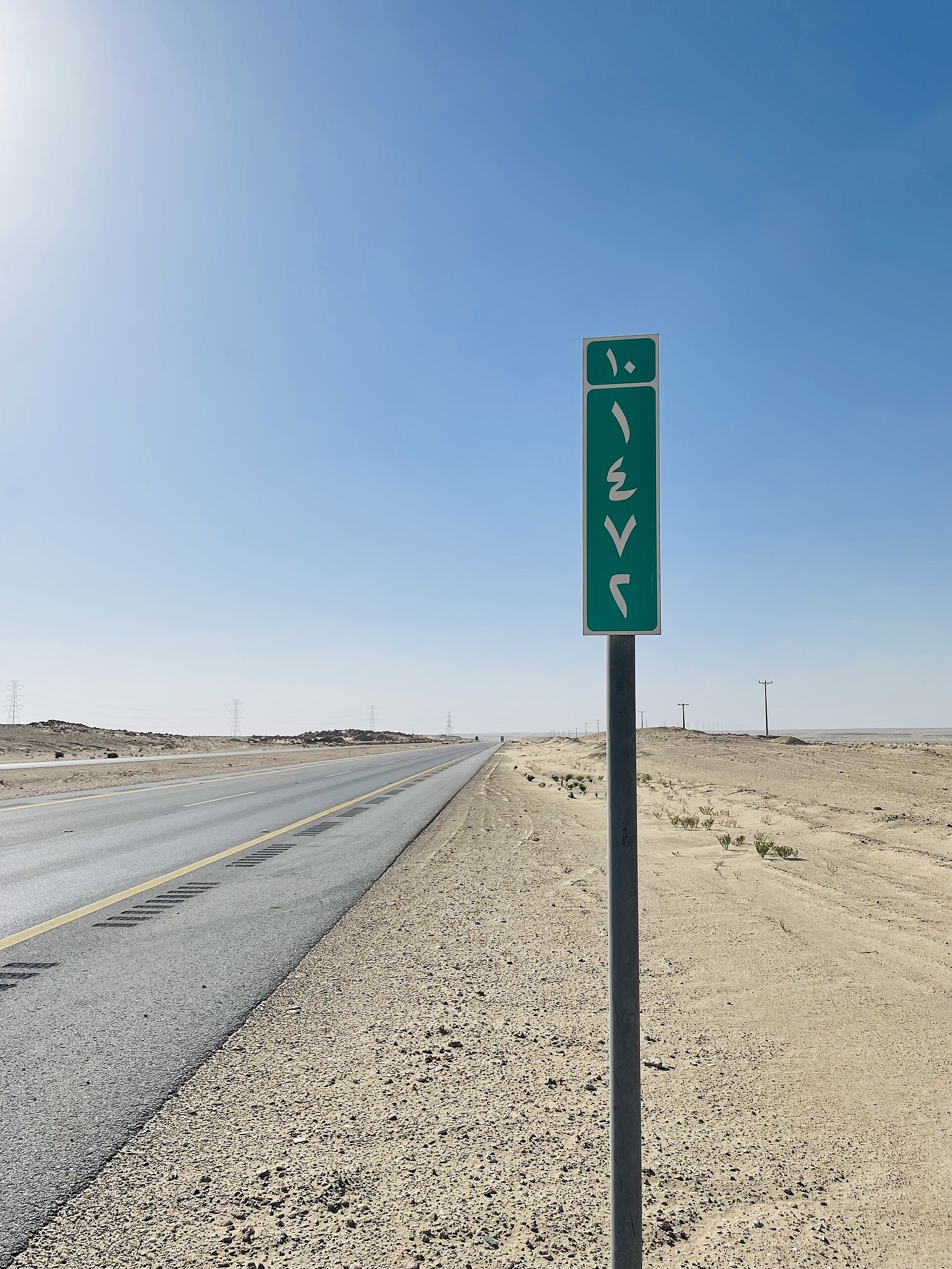 Saudi Road 10 sign beside a paved highway in a desert landscape