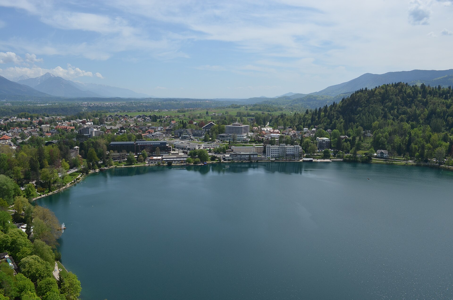 Bled town and Lake Bled seen from above in Slovenia