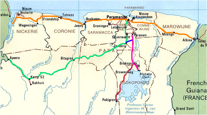 Map of Suriname showing the East-West Link, southern routes and Avobakaweg