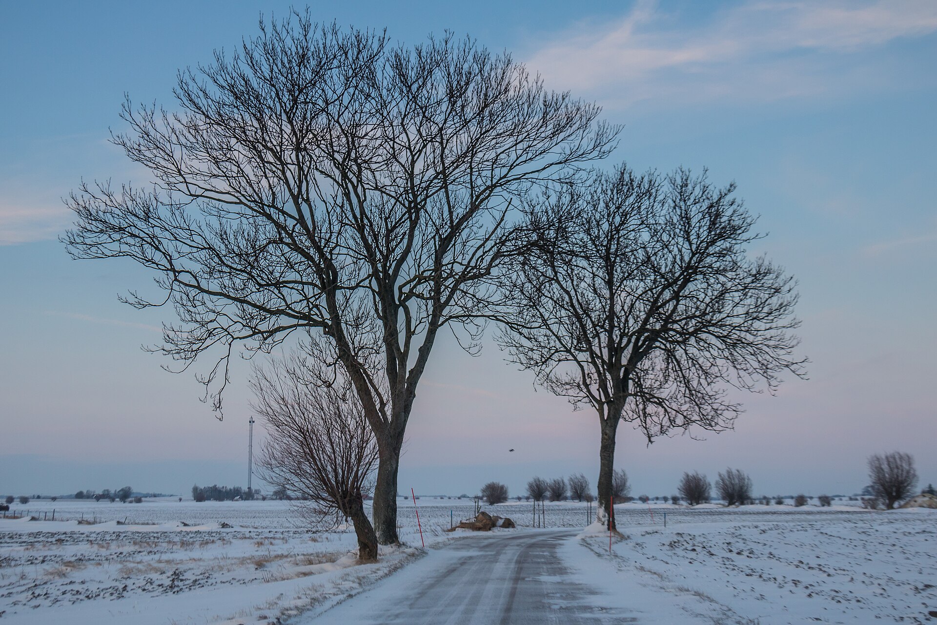 Snow and ice on a narrow rural road in southern Sweden