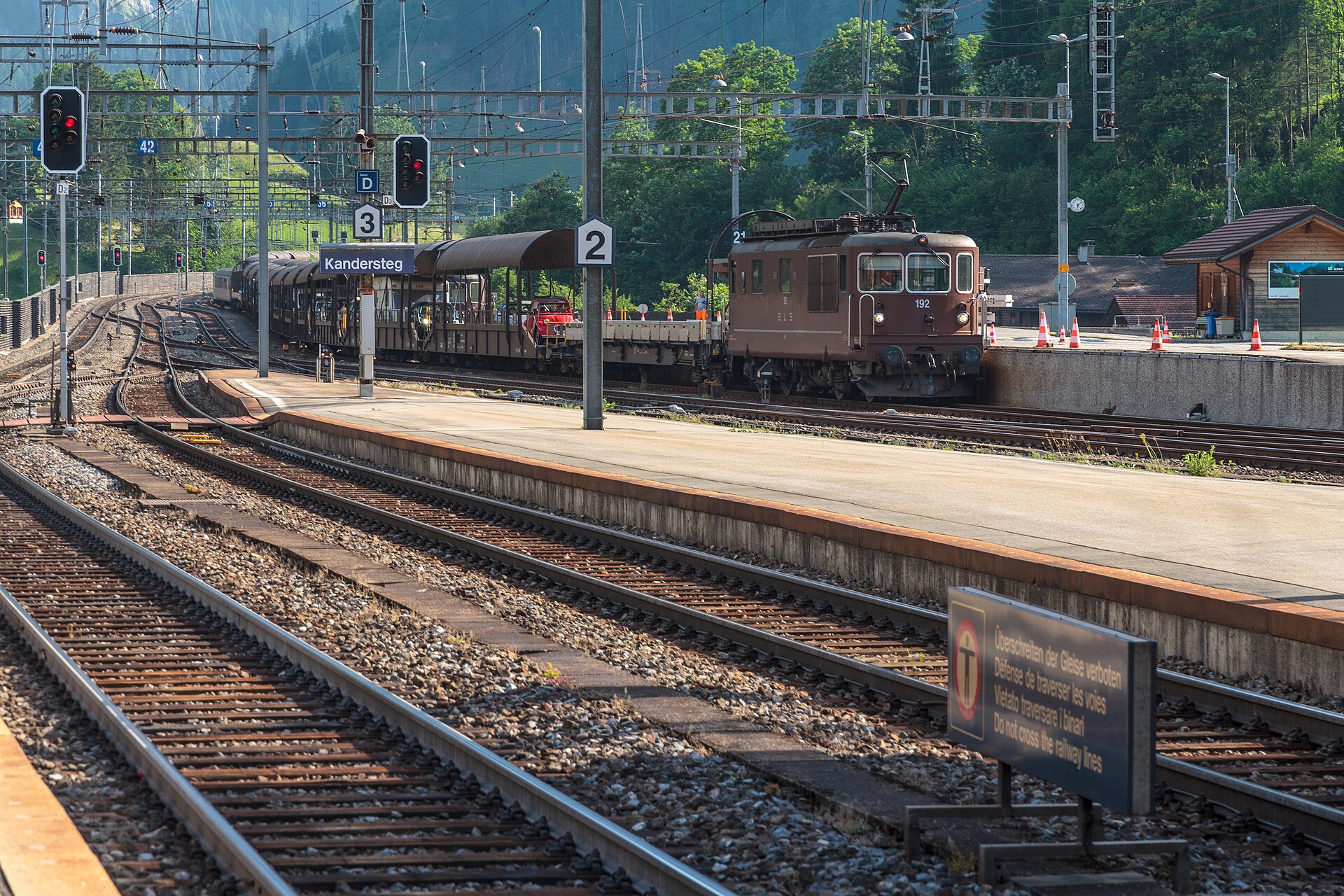 Lötschberg car-transport station at Kandersteg with a train and loading tracks