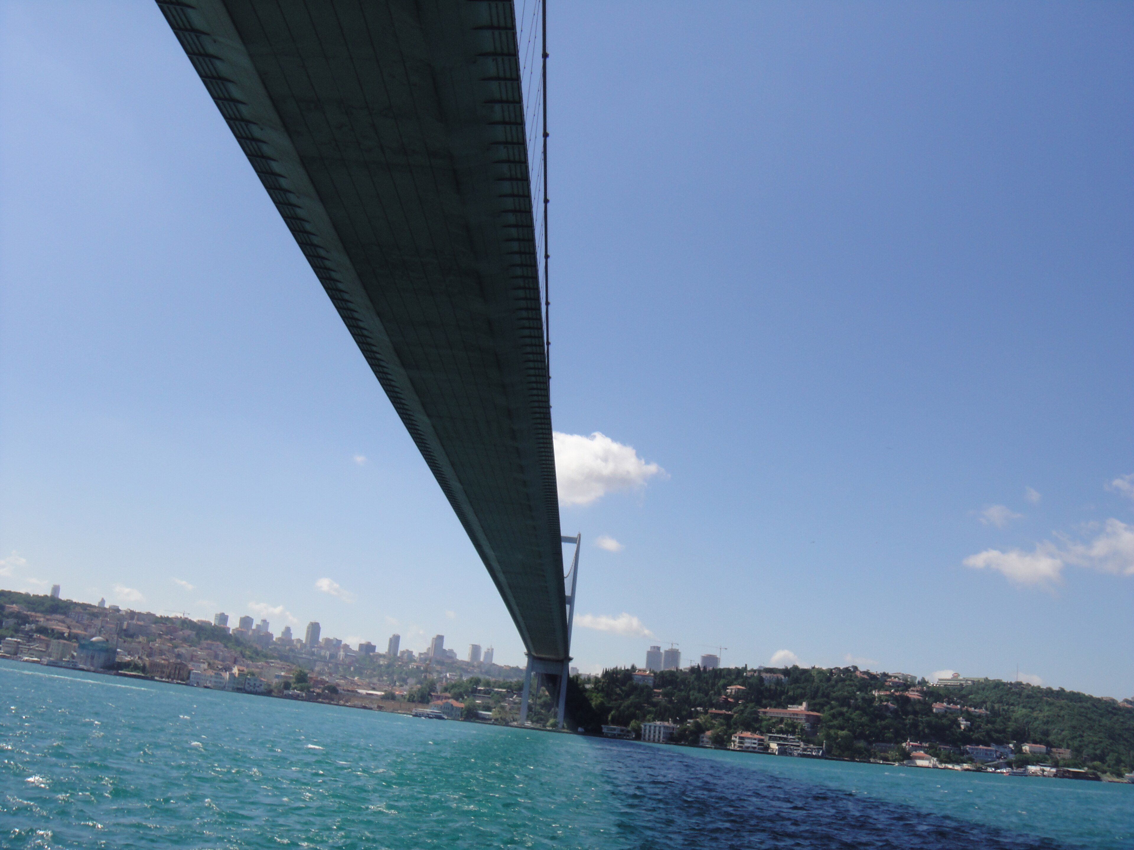 Bosphorus bridge and Istanbul shoreline viewed from below