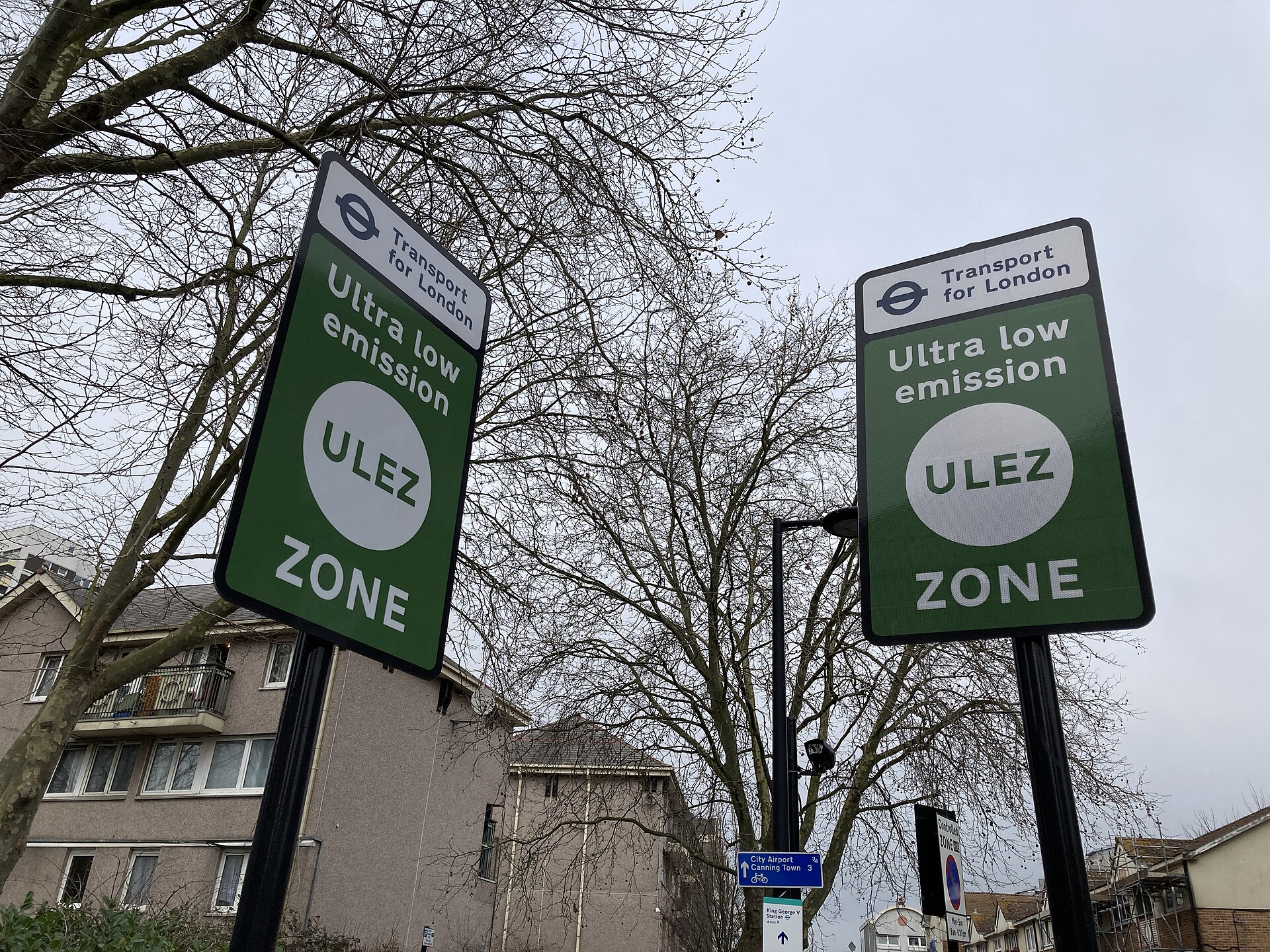 Ultra Low Emission Zone signs on a London road