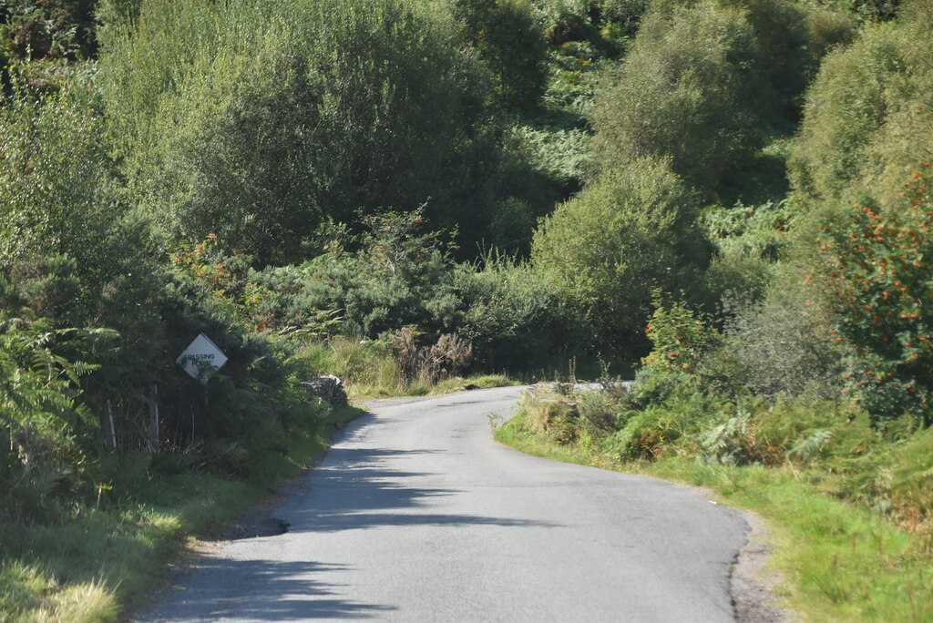 Scottish single-track road with a marked passing place